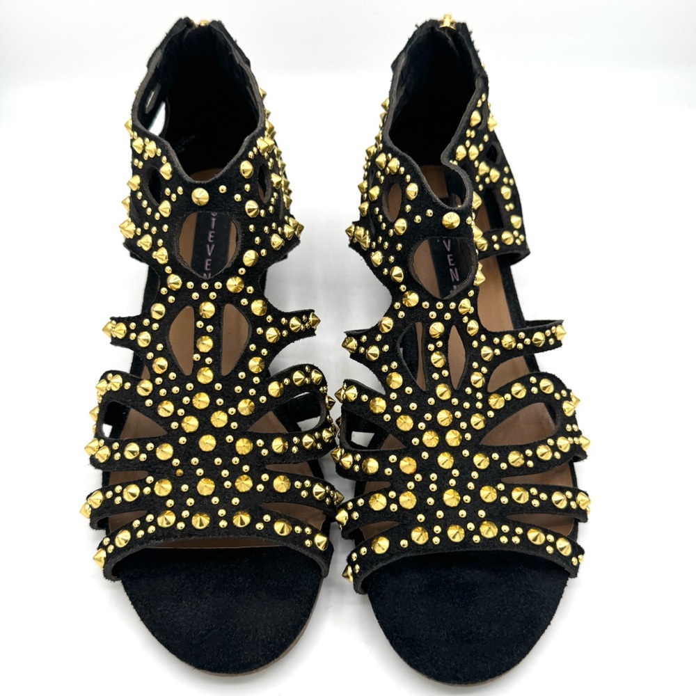 STEVEN BY STEVE MADDEN Trex Black Suede Leather Gladiator Sandal Gold Studs Sz 8